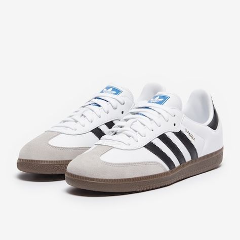 Close-up of the Adidas Samba OG Black and White, showcasing its smooth leather upper, suede toe cap, and retro-inspired design.