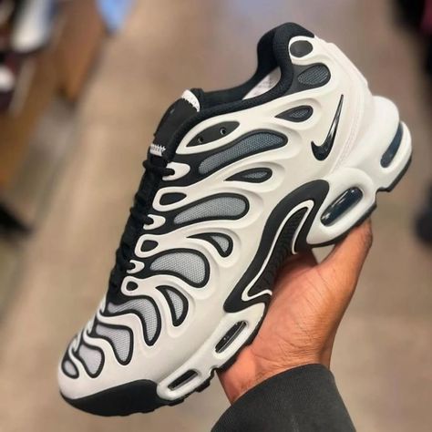 Nike Air Max Plus Black and White Drift worn on feet, emphasizing its stylish contrast, all-day comfort, and streetwear appeal.
