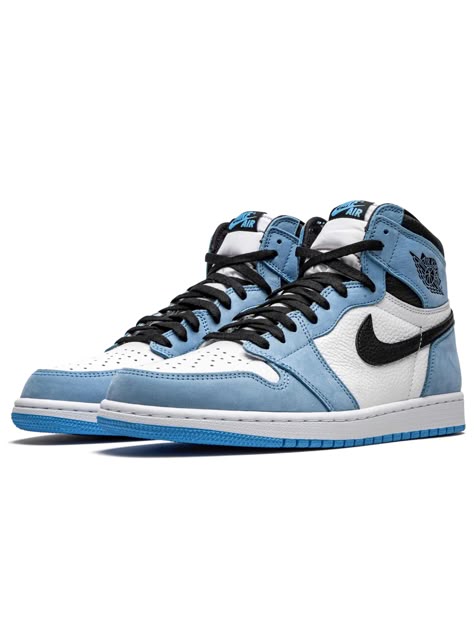 Close-up of the Jordan 1 Retro High Blue "UNC," showcasing its premium leather upper, perforated toe box, and classic high-top silhouette.