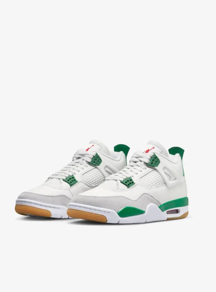 Close-up of the Jordan 4 "Pine Green" Retro, showcasing its premium leather upper, breathable mesh, and signature lace cage.