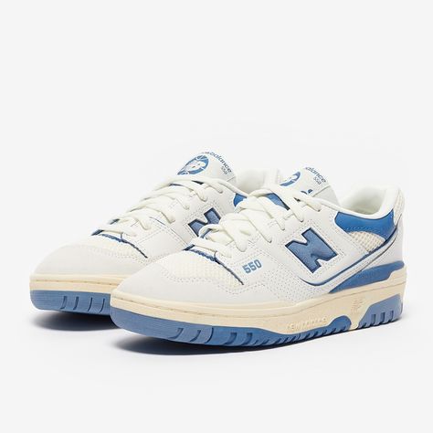 Close-up of the New Balance 550 Blue, showcasing its vintage-inspired design, perforated leather, and durable construction.