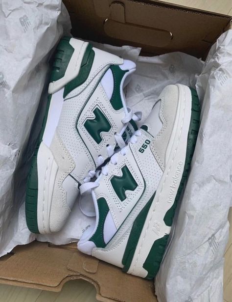 Side profile of the New Balance 550 Green, highlighting its classic "N" logo, sturdy midsole, and premium green overlays.