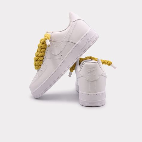 Nike Air Force 1 fitted with Air Force Rope Laces Yellow, highlighting their bold and stylish look.