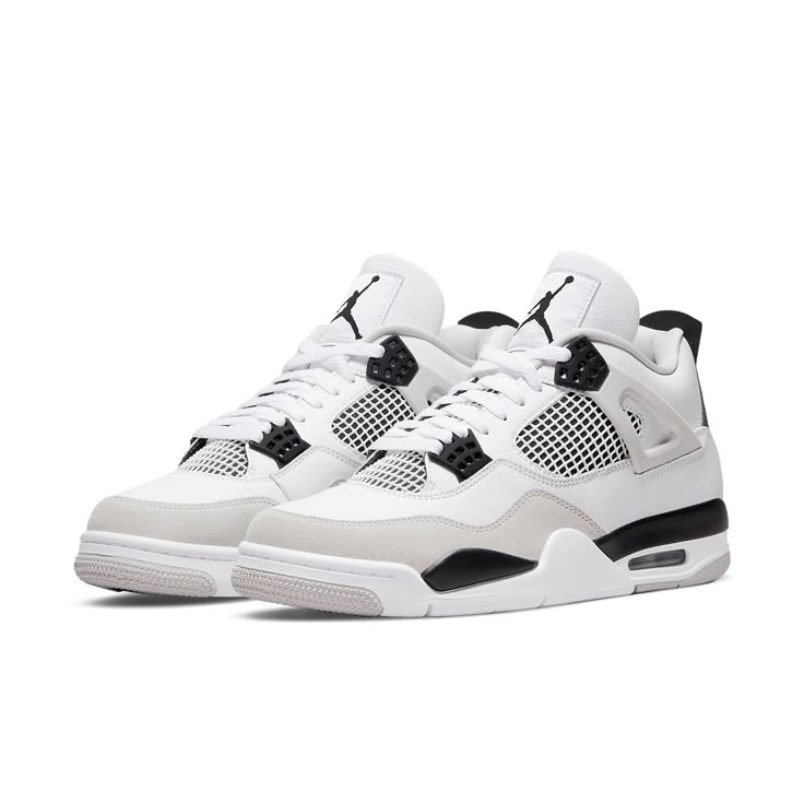 Close-up of the Air Jordan 4 White and Black (Retro Military Black), showcasing its premium leather upper, mesh detailing, and lace cage.

