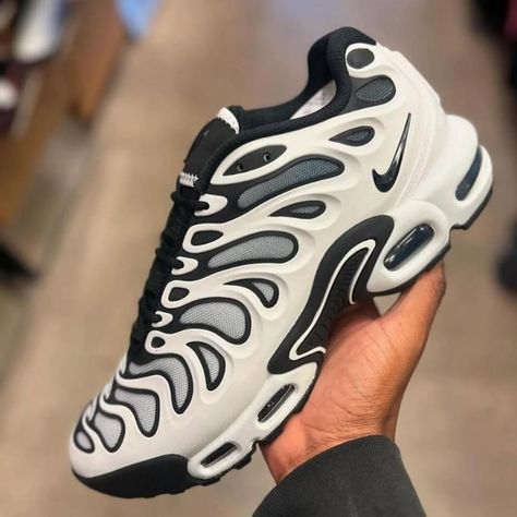 Nike Air Max Plus Black and White Drift worn on feet, emphasizing its stylish contrast, all-day comfort, and streetwear appeal.

