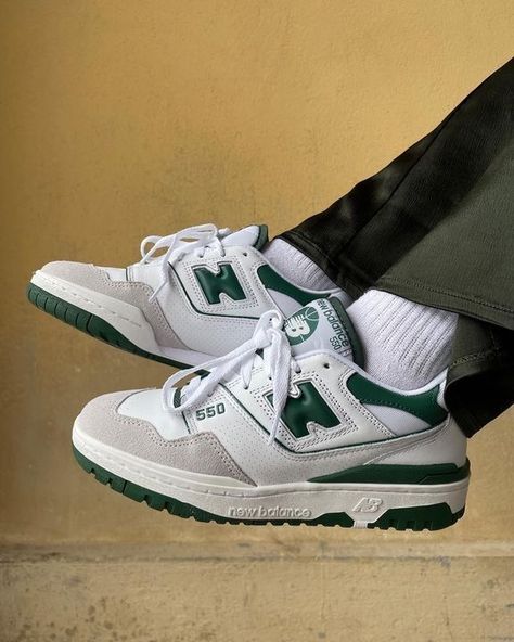 New Balance 550 Green worn on feet, emphasizing its vintage appeal, stylish versatility, and everyday comfort.

