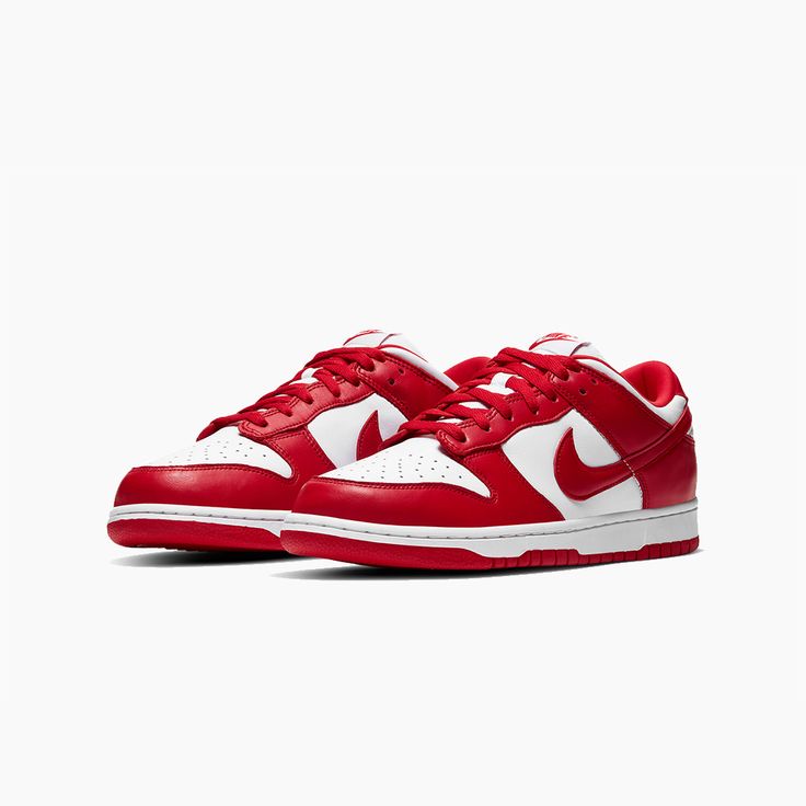 Close-up of the Nike Dunk Low Red, highlighting its vibrant red leather upper and breathable perforated toe box.